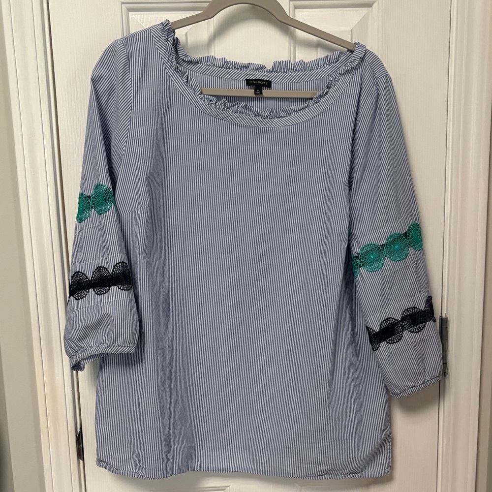 Talbots Striped Blue Top with Embroidered Accents